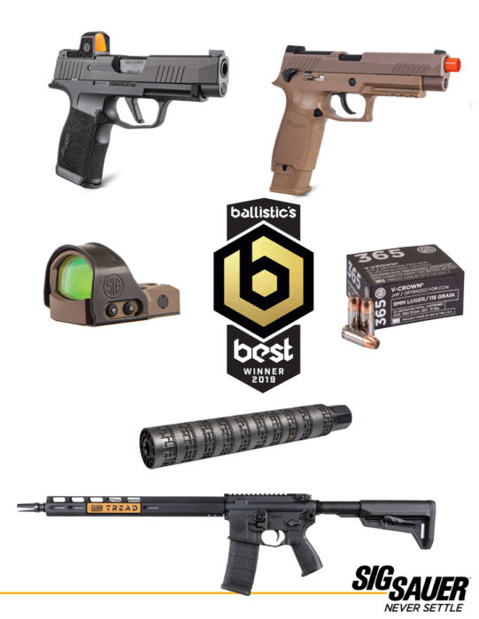 Diverse selection includes P365 XL ROMEOZERO pistol, Proforce M17 air pistol, ROMEO1PRO sighting solution, 365 V-Crown Ammo, pistol suppressor and the TREAD rifle.