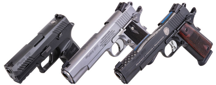 Engraved 1911 Nitron, 1911 Stainless, and P320 Carry.