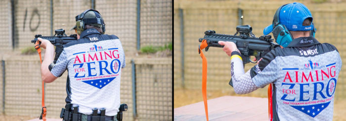 Two men are seen aiming rifles at targets at the Aiming For Zero Charity Match at SIG SAUER Academy to benefit the Active Heroes Foundation